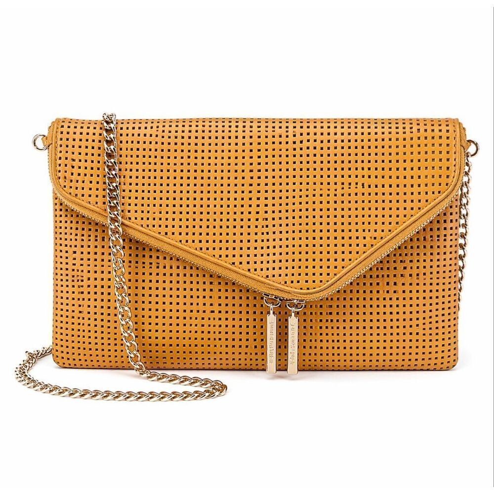 Henri Bendel Perforated Leather Envelope Clutch Chain Strap Tan Shoulder Bag
